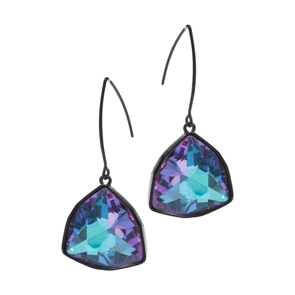 Black Geometric Angled Stone Teardrop Dangle Earrings Purple Statement Accessory - Picture 2 of 3